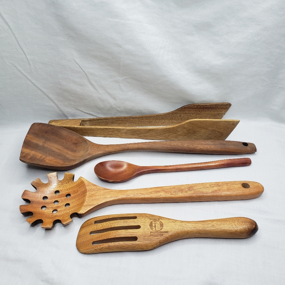 Dark Wood Kitchen Utensils Spoons Spatula Tongs Five Pieces